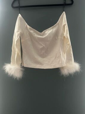 Forever 21 Cream Off-Shoulder Top with Feather Cuffs